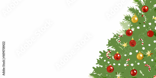 Festive christmas tree decorated with red and gold ornaments candy canes and stars on a white background with copy space