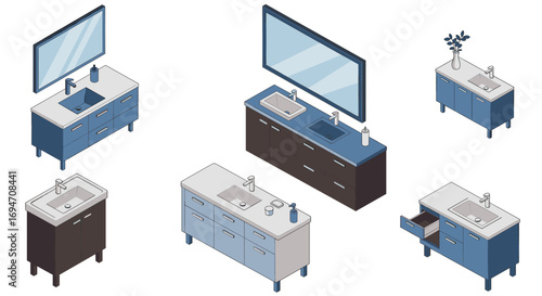 Modern isometric bathroom vanities with mirrors and sinks in various designs and colors
