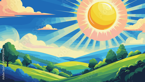 Vibrant sunny landscape with rolling hills and bright blue sky