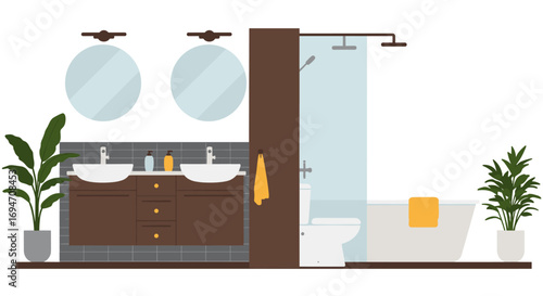 Modern flat bathroom design with double vanity and indoor plants