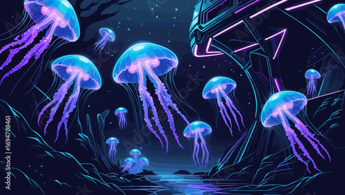 Futuristic underwater scene with glowing jellyfish and a sci-fi structure