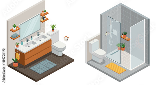 Modern isometric bathroom design with fixtures and plants