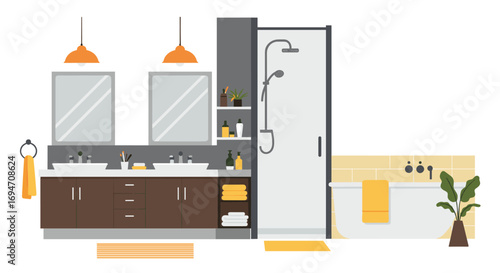 Modern bathroom interior with dual vanities and shower design