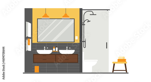 Modern bathroom design with dual sinks and walk-in shower in flat style