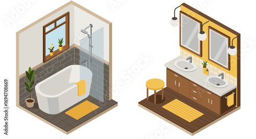 Modern isometric bathroom design with bathtub and double sink vanity
