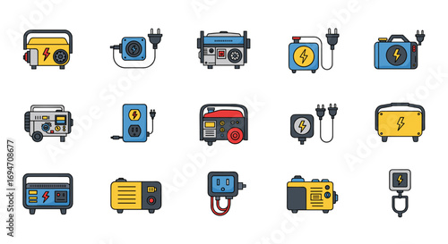 Colorful icons of modern electric generators, plugs, and devices