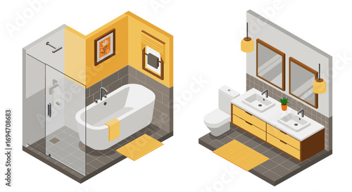 Isometric modern bathroom design with bathtub and double sink vanity