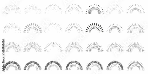 Collection of diverse abstract semicircle shapes and patterns in grayscale tones on white background