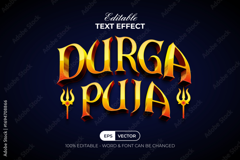 Fototapeta premium Durga Puja Text Effect Gold 3D Style. Editable Text Effect.