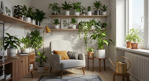 Serene Indoor Garden Living Space with Numerous Houseplants and Stylish Furniture