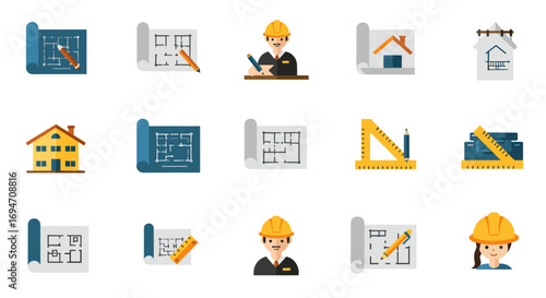 Construction planning icons: architect tools, blueprints, hard hats, and rulers in flat design