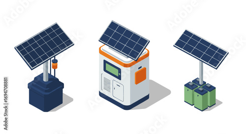 Isometric solar energy systems: panels, inverter, and battery storage in 3d illustration