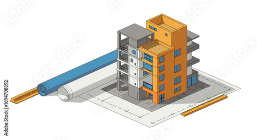 Isometric architectural blueprint with modern building design and tools