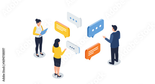 Isometric team communication with speech bubbles in business setting