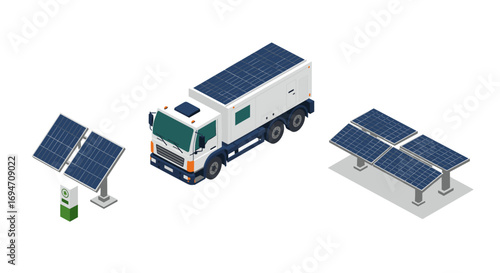 Isometric solar truck with panels and charging station for renewable energy solutions