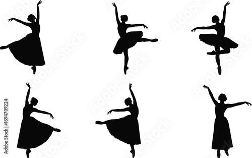 Ballet Dancer Silhouettes in Six Classical Poses with Graceful Arm and Leg Extensions on White Background for Design Content