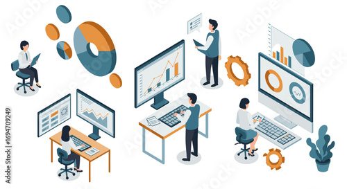 Business analytics team working on data visualization and decision-making processes in isometric office setting