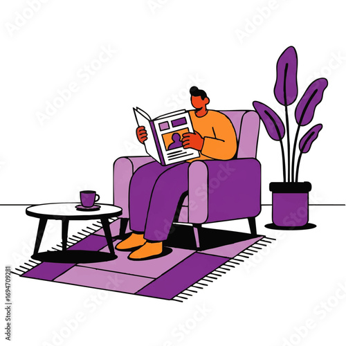 Relaxed man enjoying quiet morning reading magazine with coffee in cozy armchair