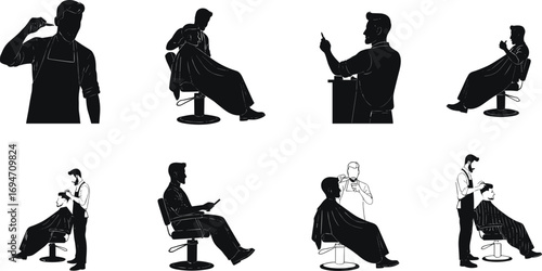 Barbershop Silhouettes in Eight Grooming Poses Featuring Haircuts, Beard Trims, and Client Interaction for Lifestyle and Design Content