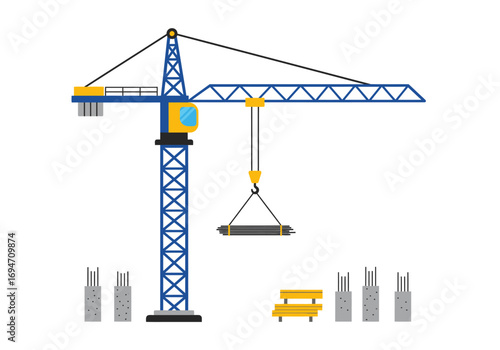 A blue construction crane lifts black pipes near gray concrete blocks and a yellow bench
