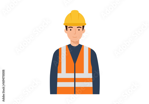 A construction worker with a yellow hard hat and orange safety vest stands against a white background