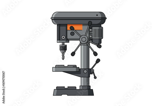 A gray drill press is shown on a white background The machine has a drill a stand and a wheel