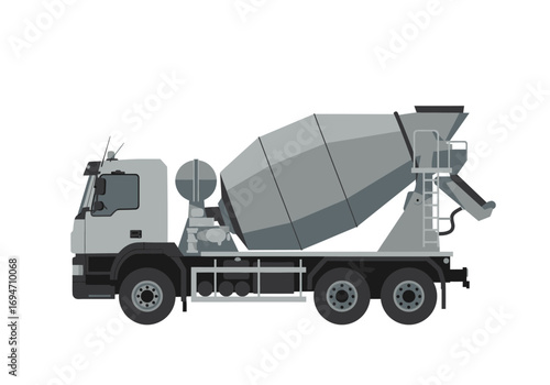 A gray concrete mixer truck is positioned against a stark white backdrop