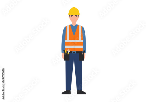 A construction worker wearing a hard hat and safety vest stands facing forward