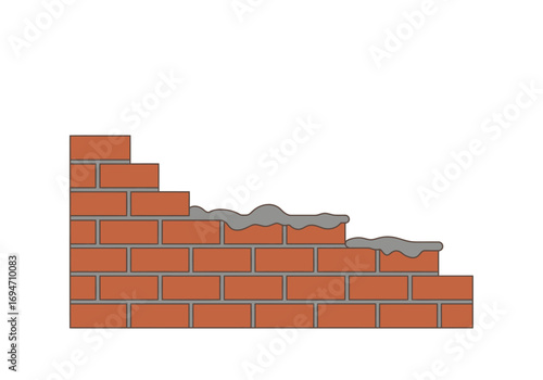 A drawing of a brick wall partially unfinished with gray mortar visible between the bricks