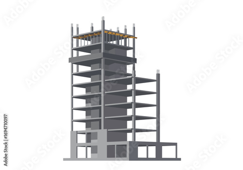 A gray multistory building under construction with visible concrete and columns