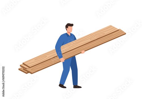 A man in blue carries wooden planks