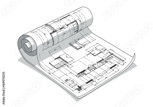 A partially unrolled blueprint showing architectural plans with detailed lines and a cylindrical roll on the left