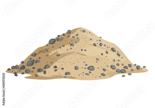 A pile of beige sand with gray pebbles or stones scattered throughout