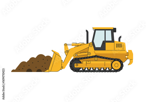 A yellow bulldozer is scooping up a pile of brown dirt