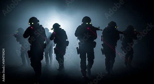 Silhouette of a special forces team advancing through smoke, armed with rifles and laser sights, representing tactical precision and covert operations