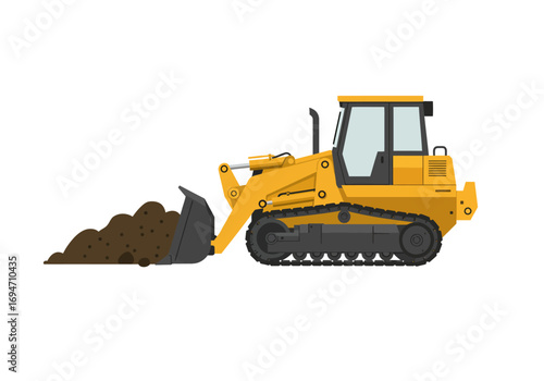A yellow bulldozer with a loaded black bucket on a white background