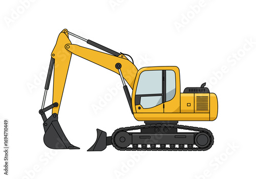 A yellow construction excavator with a black scoop and treads isolated on a white background
