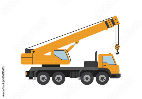 A yellow construction crane truck with black tires and a hook is shown on a white background