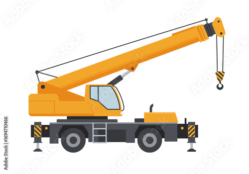 A yellow crane extends its boom against a white background