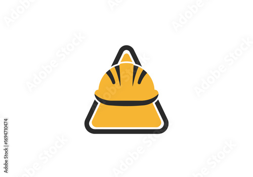 A yellow construction helmet is centered within a blackoutlined triangle
