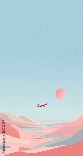 Pastel landscape with airplane and sun