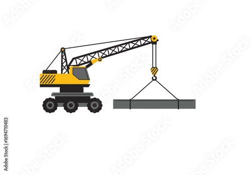 A yellow crane lifts a gray beam with black cables and a striped hook against a white backdrop