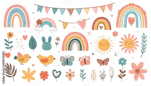 Pastel springtime bohemian vector elements set featuring rainbows and cute animals