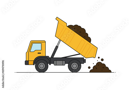 A yellow dump truck deposits brown material onto a flat surface