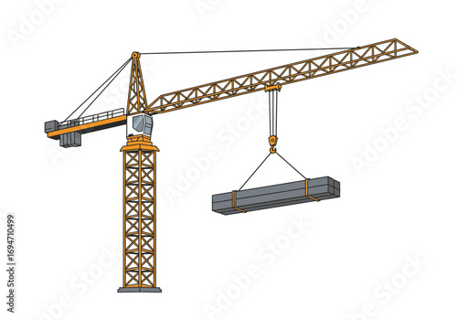 A yellow crane suspends a grey object from cables against a plain background