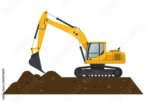 A yellow excavator digs into a brown dirt pile