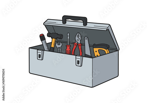 An open toolbox is filled with a variety of hand tools