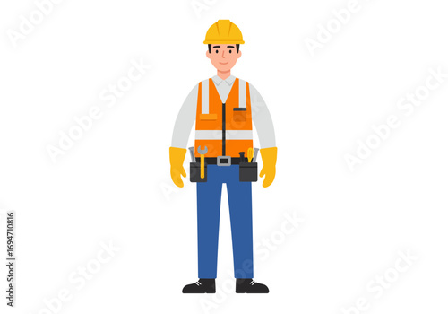 Cartoon construction worker in safety gear and tool belt standing