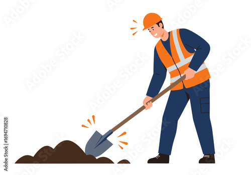 Cartoon construction worker digs with a shovel wearing an orange safety vest and hard hat