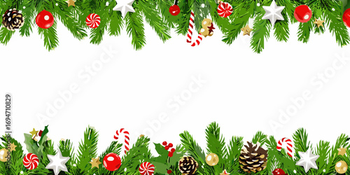 Festive christmas garland border with pine needles ornaments candy canes and pinecones